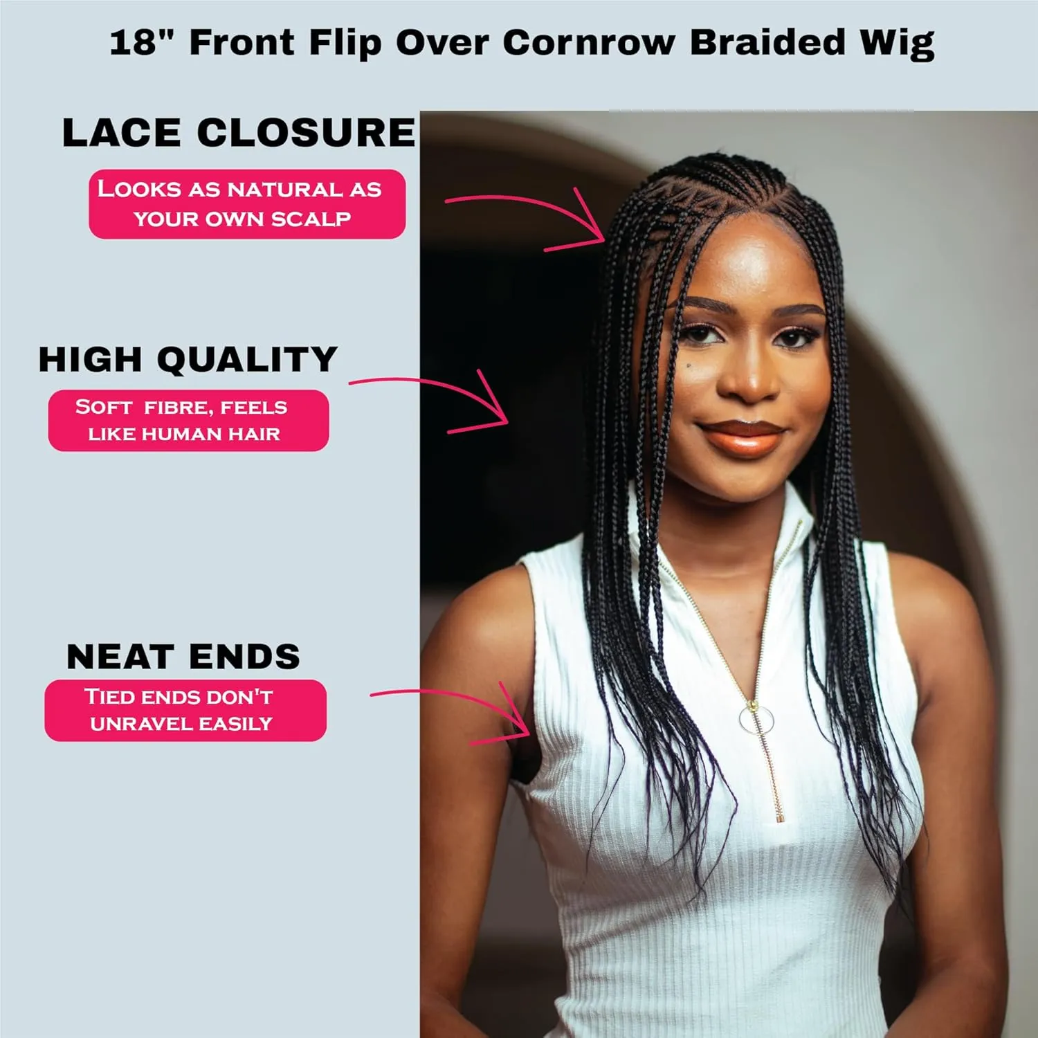 18" Full 360 HD Transparent Lace Front Flip Over Cornrow Braided Wig with Baby Hair - Synthetic hand-made box braids wig for black women.