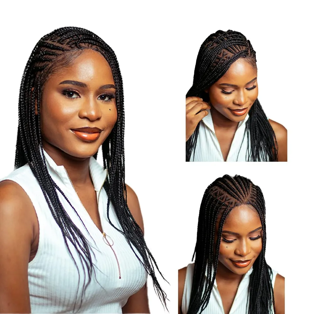 18" Full 360 HD Transparent Lace Front Flip Over Cornrow Braided Wig with Baby Hair - Synthetic hand-made box braids wig for black women.