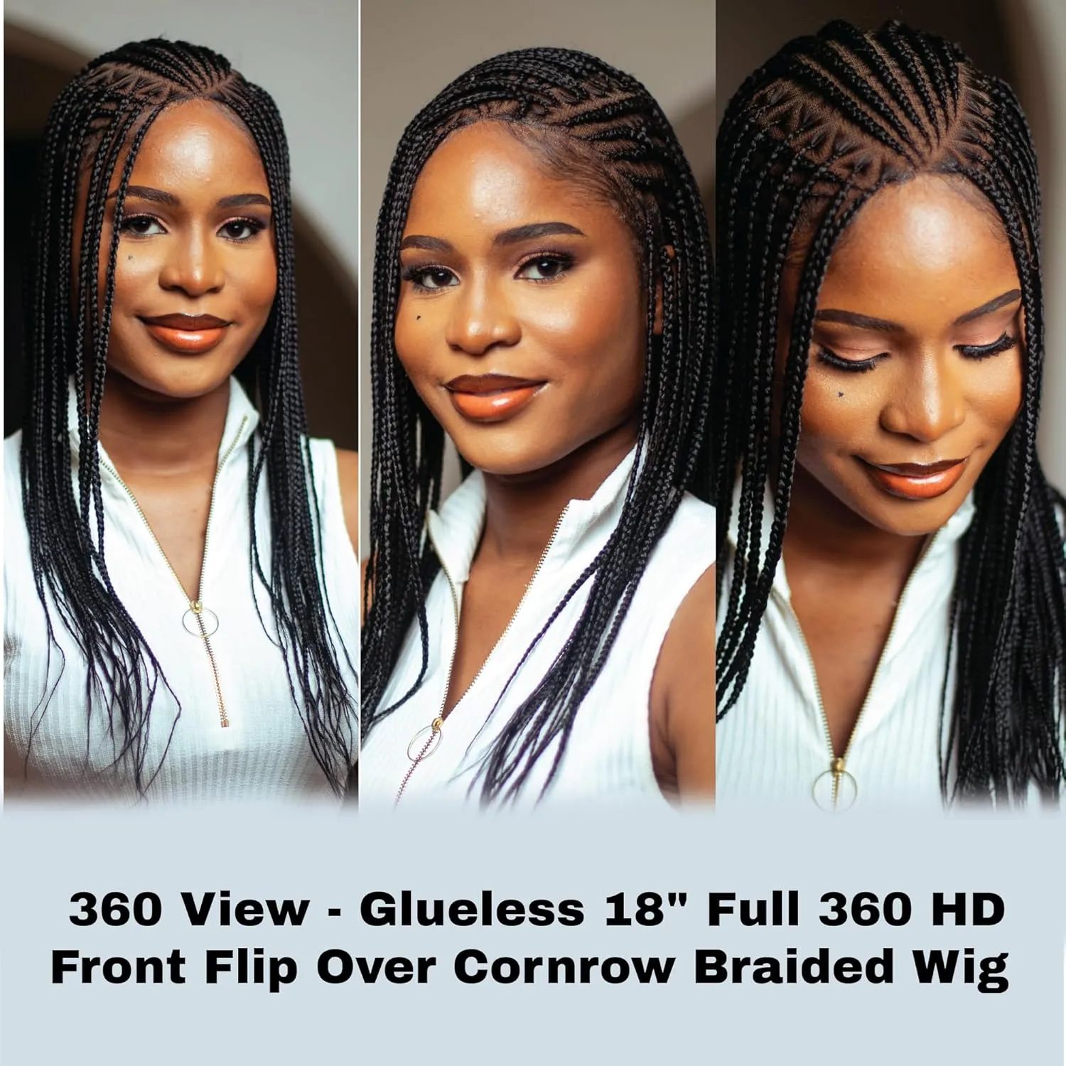 18" Full 360 HD Transparent Lace Front Flip Over Cornrow Braided Wig with Baby Hair - Synthetic hand-made box braids wig for black women.