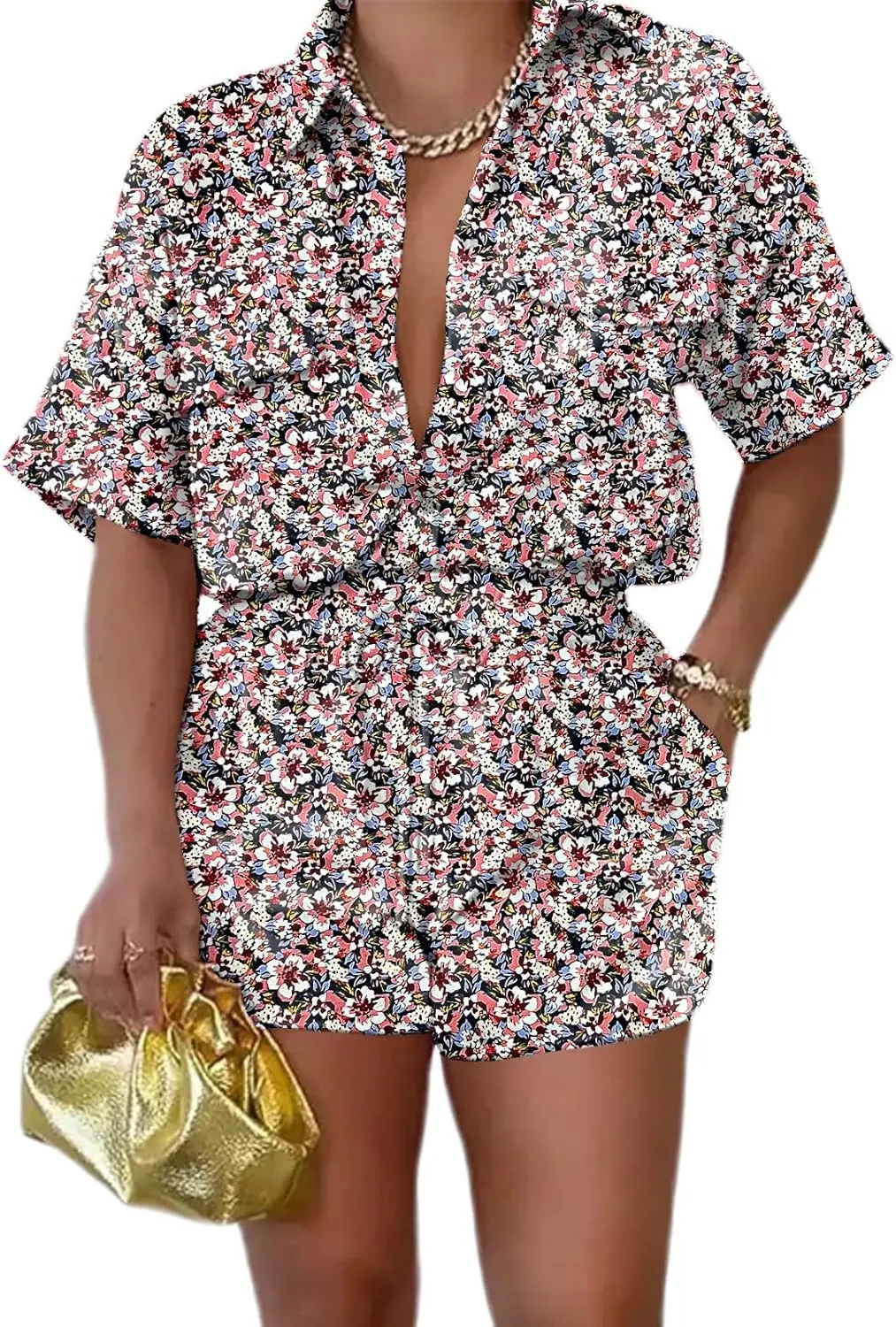 2 Piece Outfits for Women Button Down Lightweight Short Sleeve Shirts Loungewear Summer Shorts Sets With Pockets