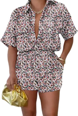 2 Piece Outfits for Women Button Down Lightweight Short Sleeve Shirts Loungewear Summer Shorts Sets With Pockets
