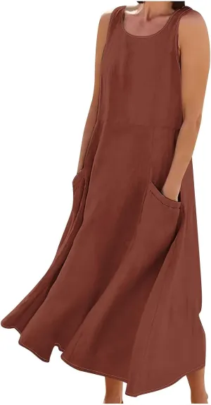 2025 Spring Long Dress for Women Sleeveless Round Neck Pleated Dress Ladies Solid Color Vacation Dresses with Pockets