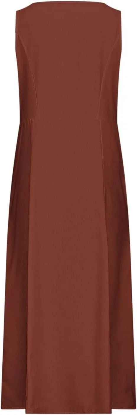 2025 Spring Long Dress for Women Sleeveless Round Neck Pleated Dress Ladies Solid Color Vacation Dresses with Pockets