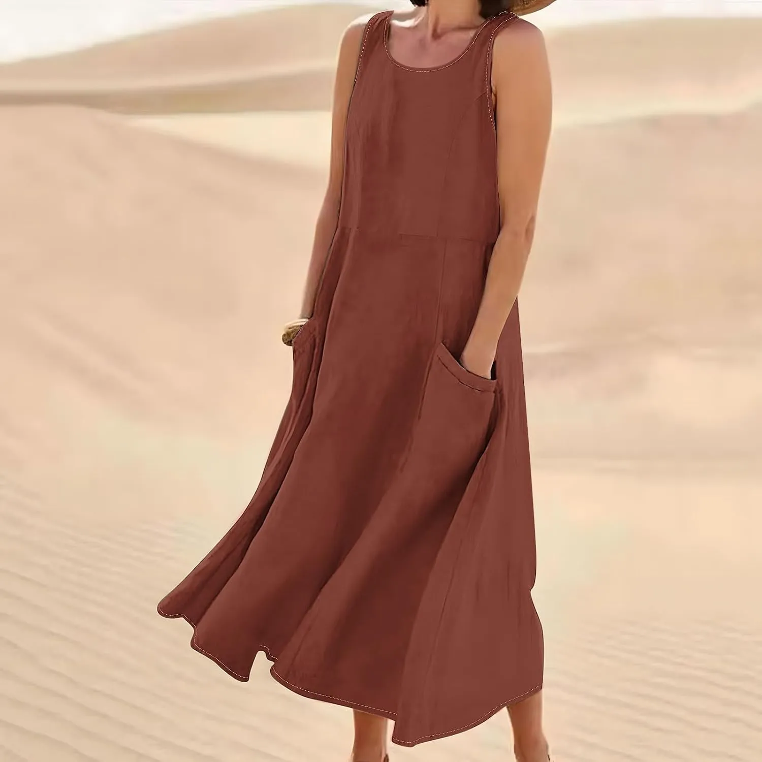 2025 Spring Long Dress for Women Sleeveless Round Neck Pleated Dress Ladies Solid Color Vacation Dresses with Pockets