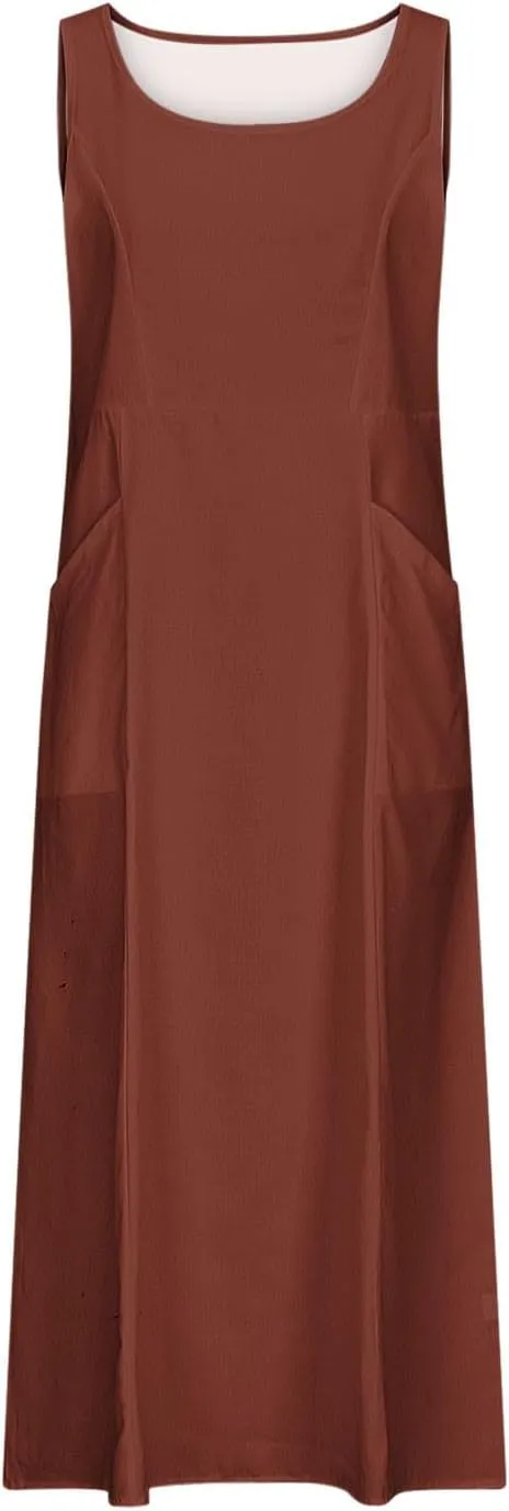 2025 Spring Long Dress for Women Sleeveless Round Neck Pleated Dress Ladies Solid Color Vacation Dresses with Pockets