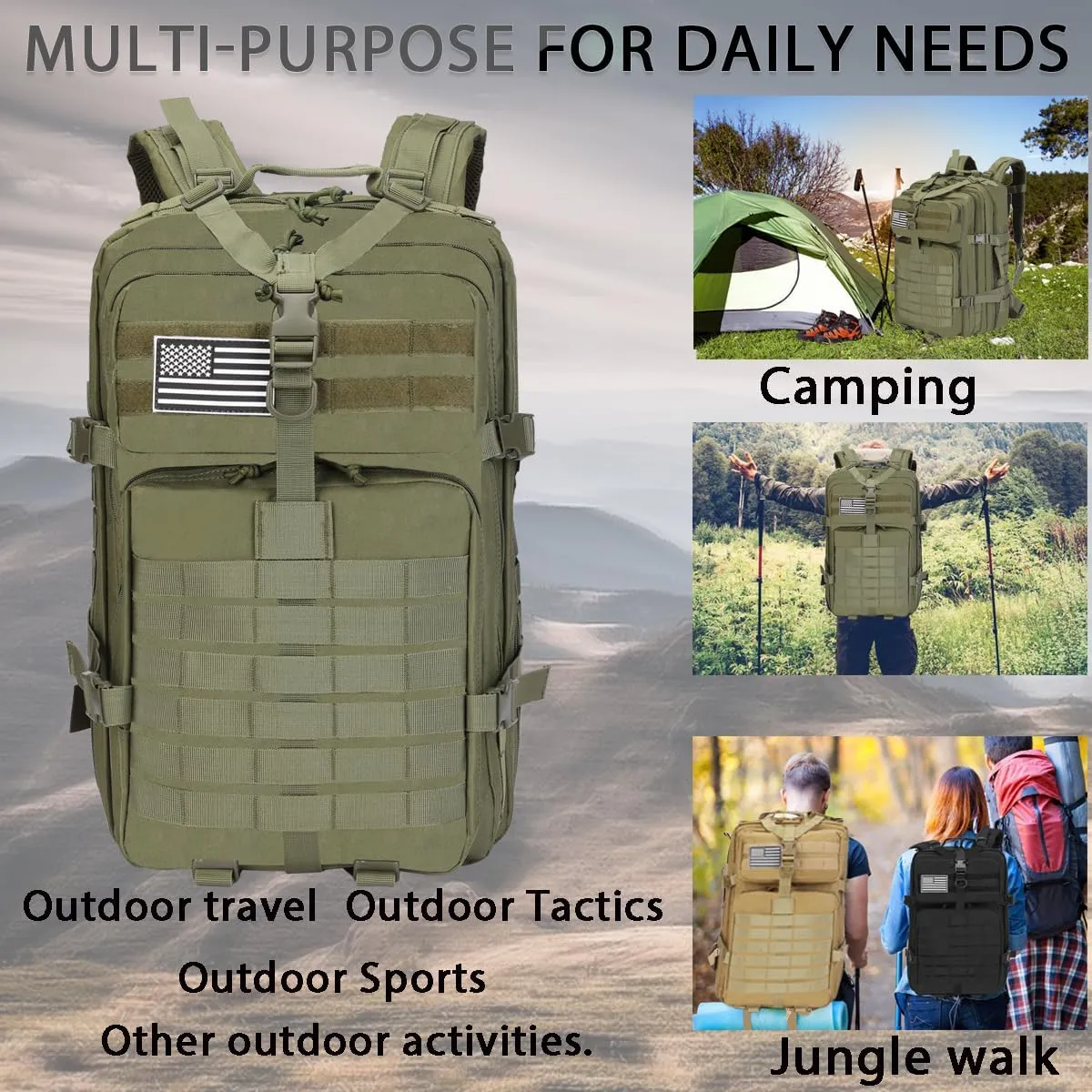 45L Military Tactical Backpacks Lage Molle Backpack 3 Day Assault Pack Backpack Camping Hiking Rucksack Bug Out Bag Rucksack
