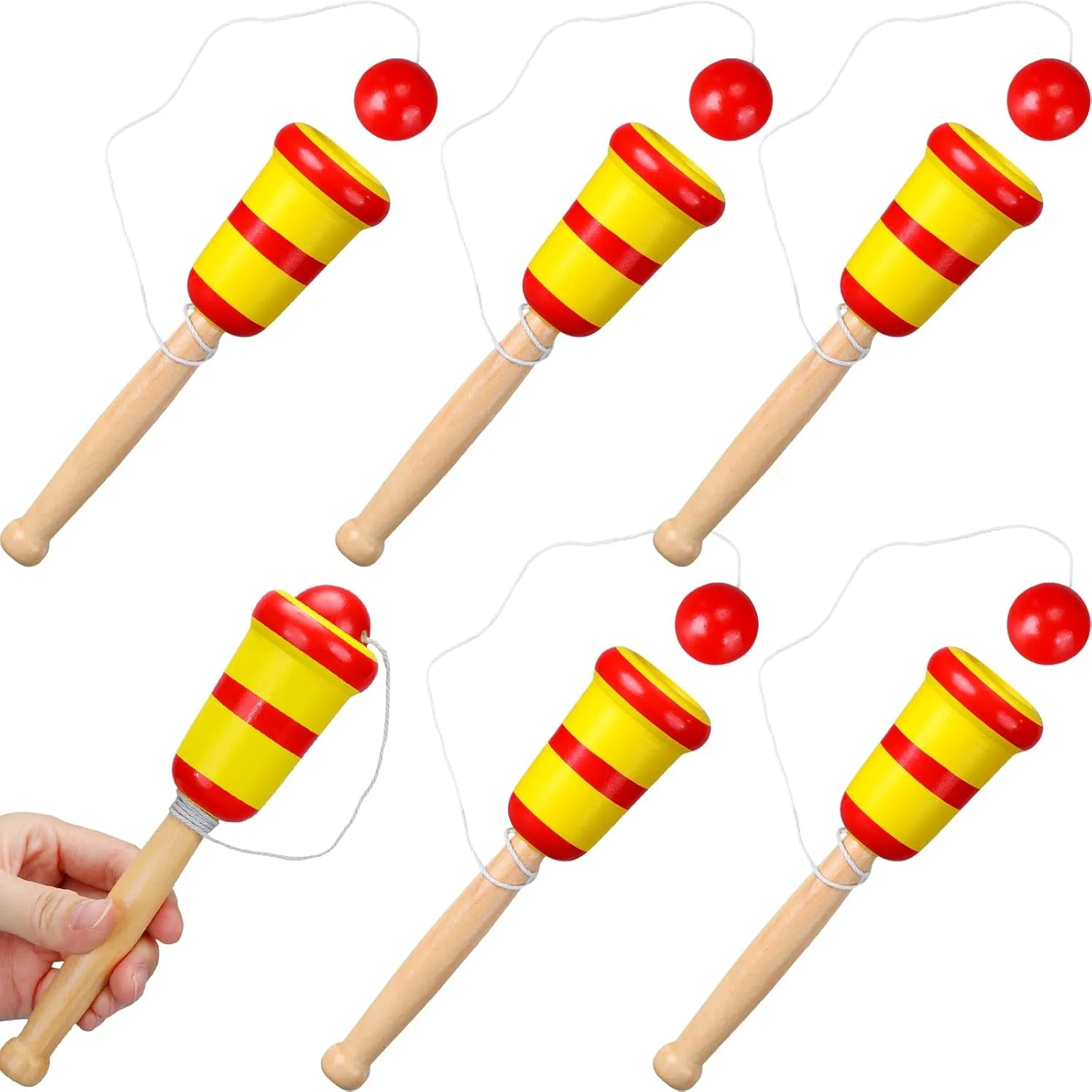 6 Pcs 8 Inch Wooden Catch Ball Game with Ball - Old School Retro Toys for Kids - Hand Eye Coordination Educational Game