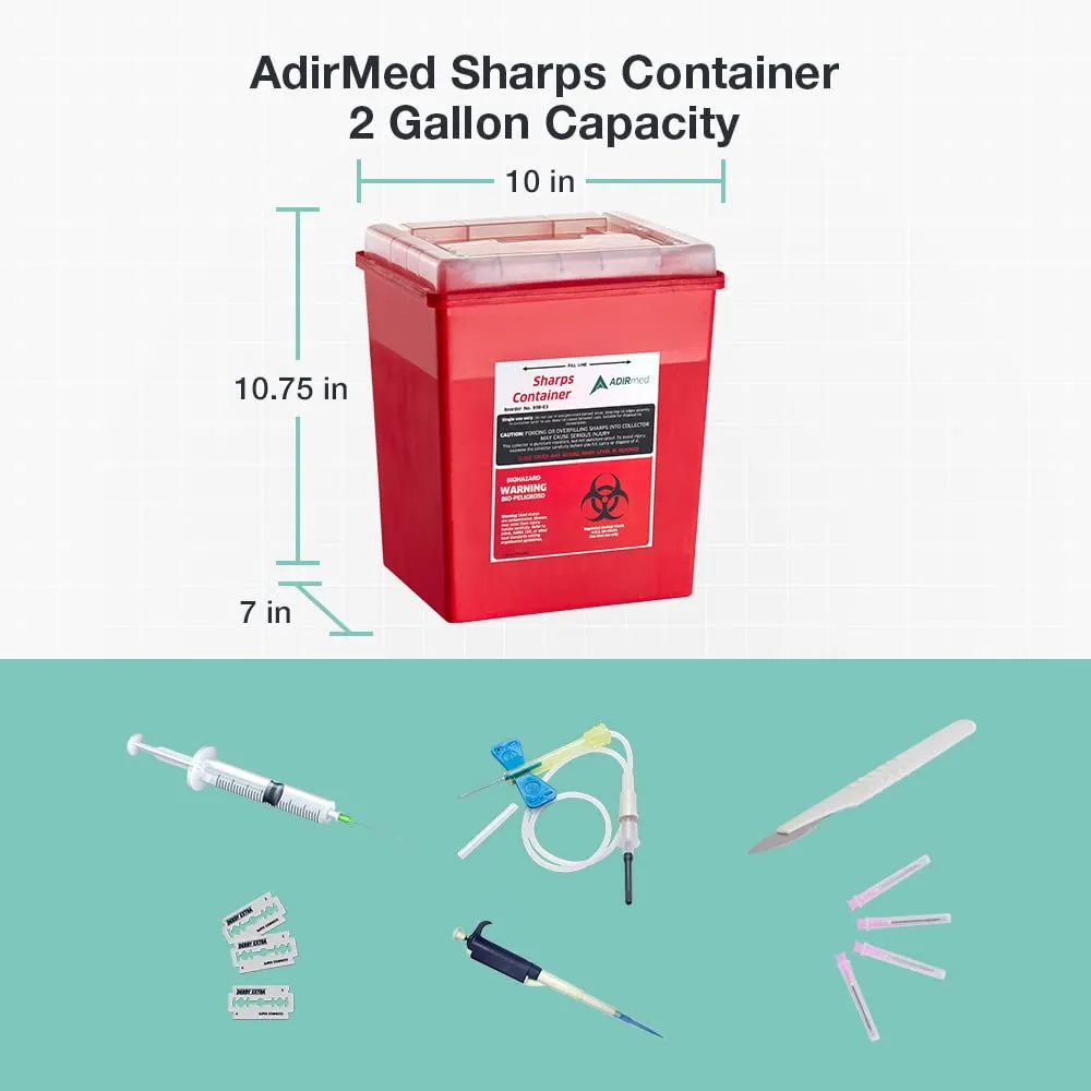 AdirMed Sharp Needle Disposal Container for Home, Clinic, Office, Barber Use with Flip Open Lid (8 Quart -2 Pack)
