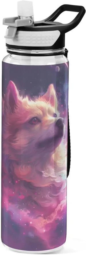 ALAZA Cosmic Doge Galaxy Sport Water Bottle with Straw Lid 32 oz Clear Bottle BPA Free Tritan Plastic Leakproof Jugs Large Flip Top for Kids Boys Girls