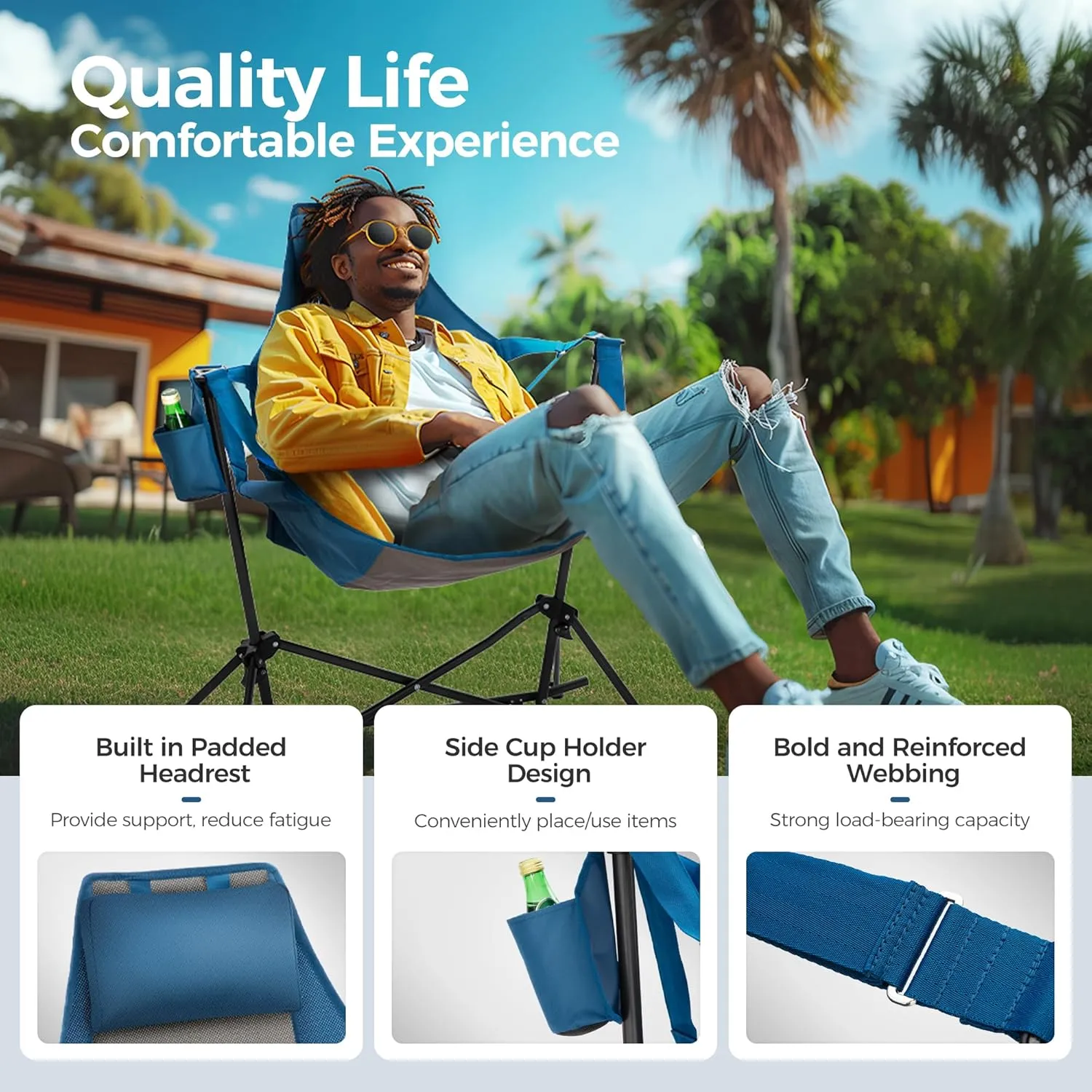 ALPHA CAMP Hammock Folding Rocking Chair with Cup Drink Holder, High Back Padded Swinging Chair for Outdoor,Camping, Lawn,Backyard,Picnic, Steel, Heavy Duty Portable Oversized(Blue)