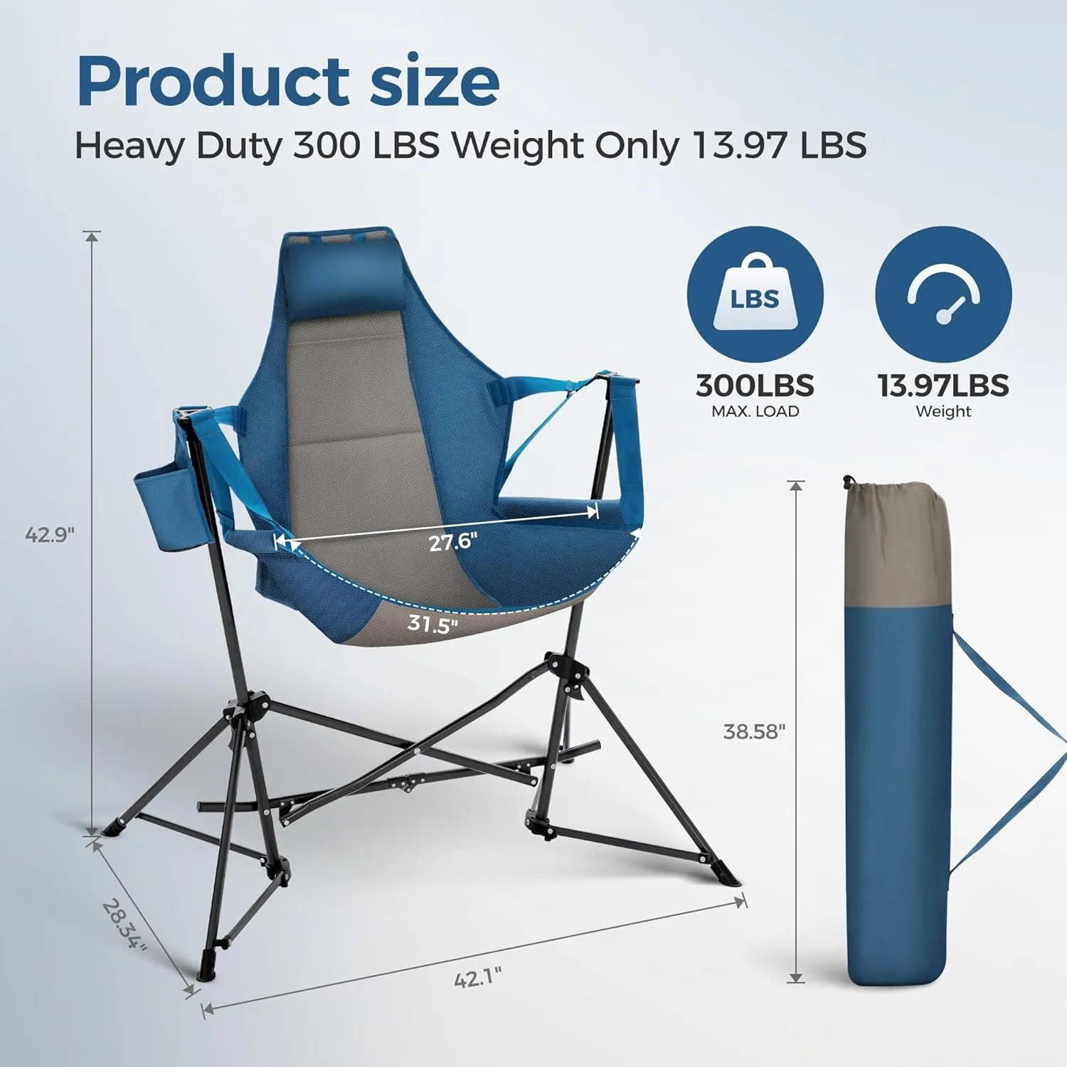 ALPHA CAMP Hammock Folding Rocking Chair with Cup Drink Holder, High Back Padded Swinging Chair for Outdoor,Camping, Lawn,Backyard,Picnic, Steel, Heavy Duty Portable Oversized(Blue)