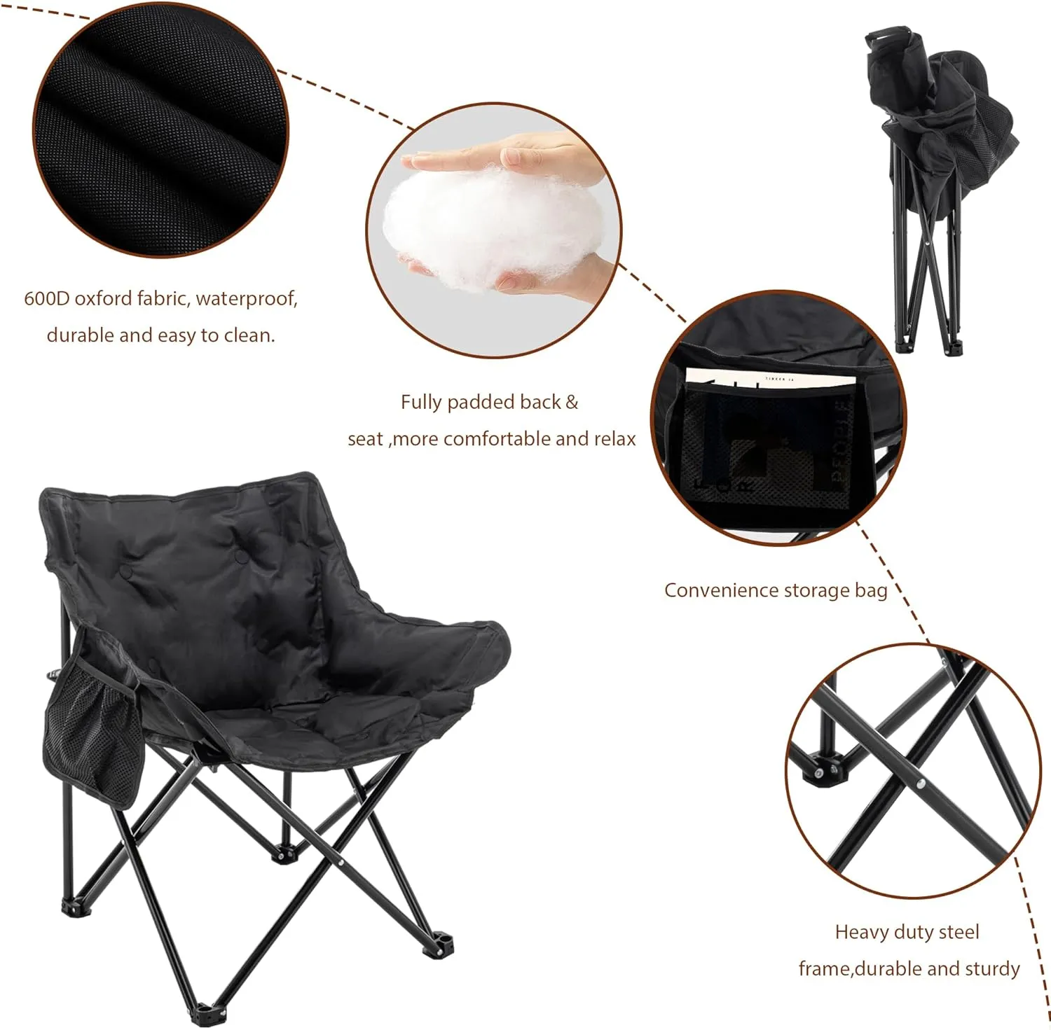 Andeworld Camping Chairs, Padded Moon Chair for Adults, Folding Camp Lawn Chairs with Storage Bag Carry Bag,Support up to 330lbs for Fishing,Camp,Picnics,Beach,Lawn,Black