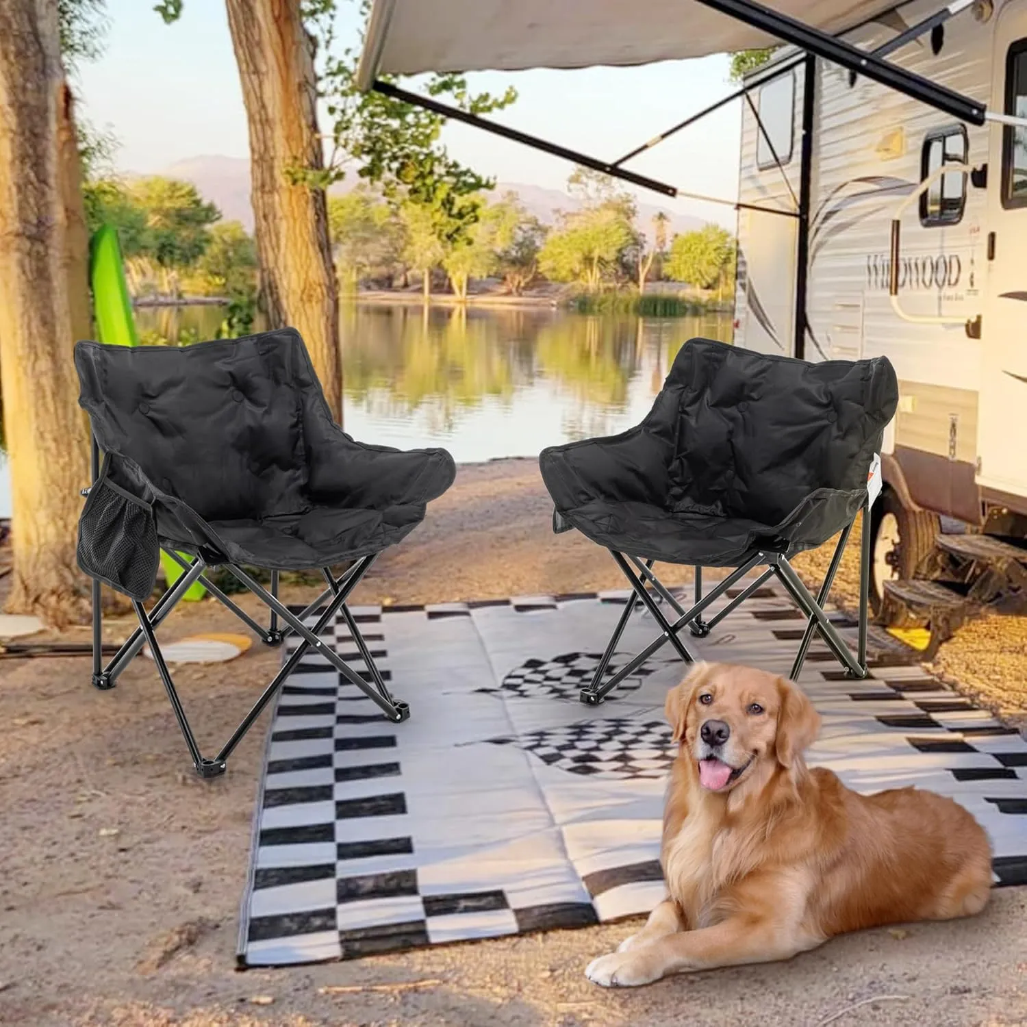 Andeworld Camping Chairs, Padded Moon Chair for Adults, Folding Camp Lawn Chairs with Storage Bag Carry Bag,Support up to 330lbs for Fishing,Camp,Picnics,Beach,Lawn,Black