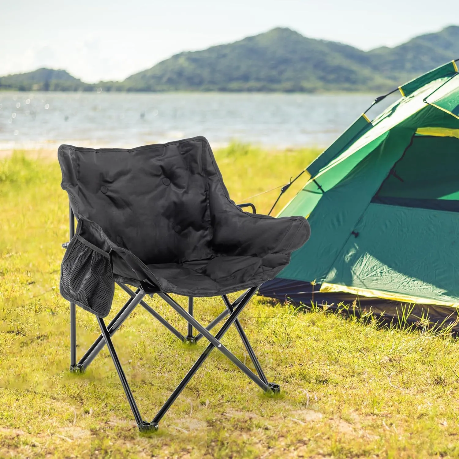 Andeworld Camping Chairs, Padded Moon Chair for Adults, Folding Camp Lawn Chairs with Storage Bag Carry Bag,Support up to 330lbs for Fishing,Camp,Picnics,Beach,Lawn,Black