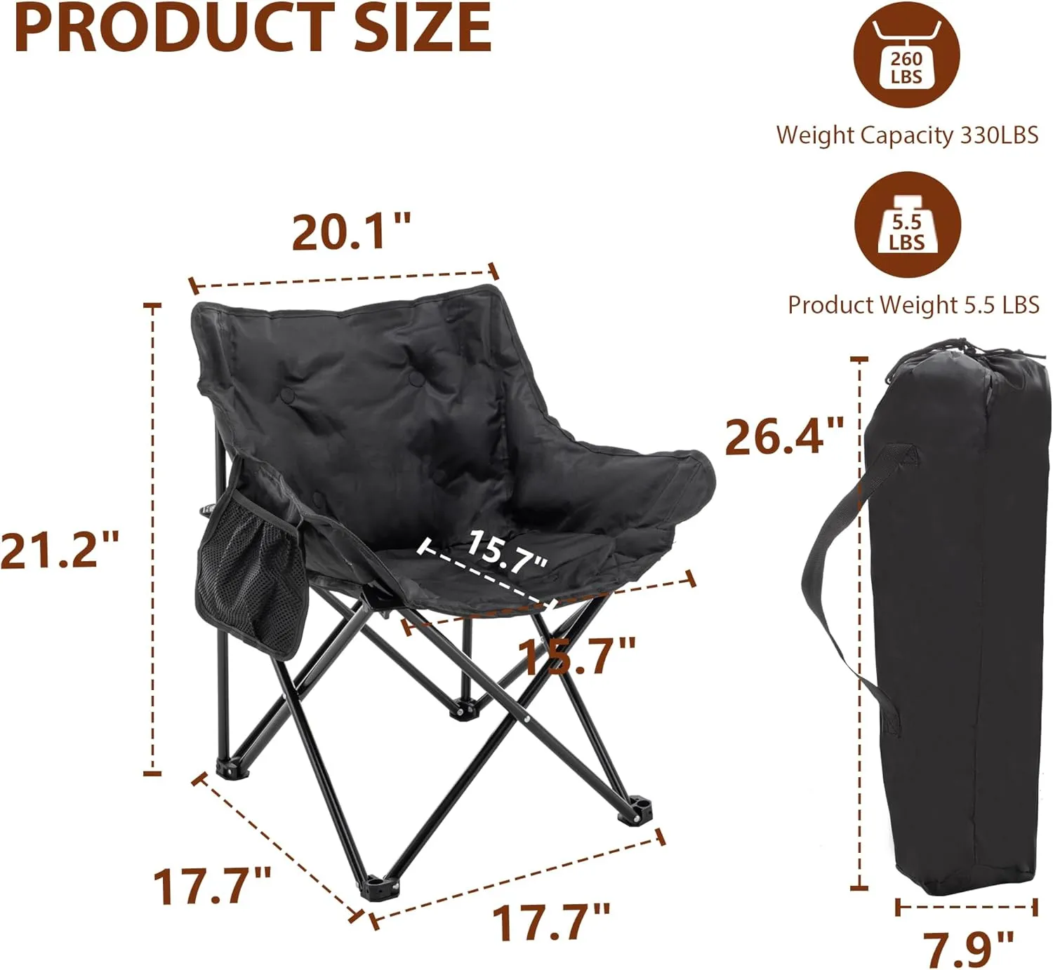 Andeworld Camping Chairs, Padded Moon Chair for Adults, Folding Camp Lawn Chairs with Storage Bag Carry Bag,Support up to 330lbs for Fishing,Camp,Picnics,Beach,Lawn,Black