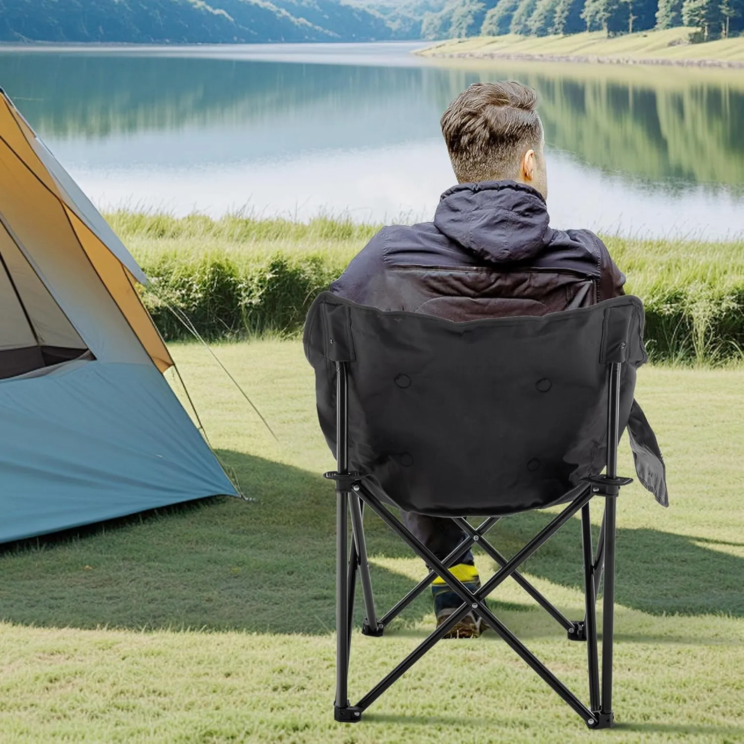 Andeworld Camping Chairs, Padded Moon Chair for Adults, Folding Camp Lawn Chairs with Storage Bag Carry Bag,Support up to 330lbs for Fishing,Camp,Picnics,Beach,Lawn,Black