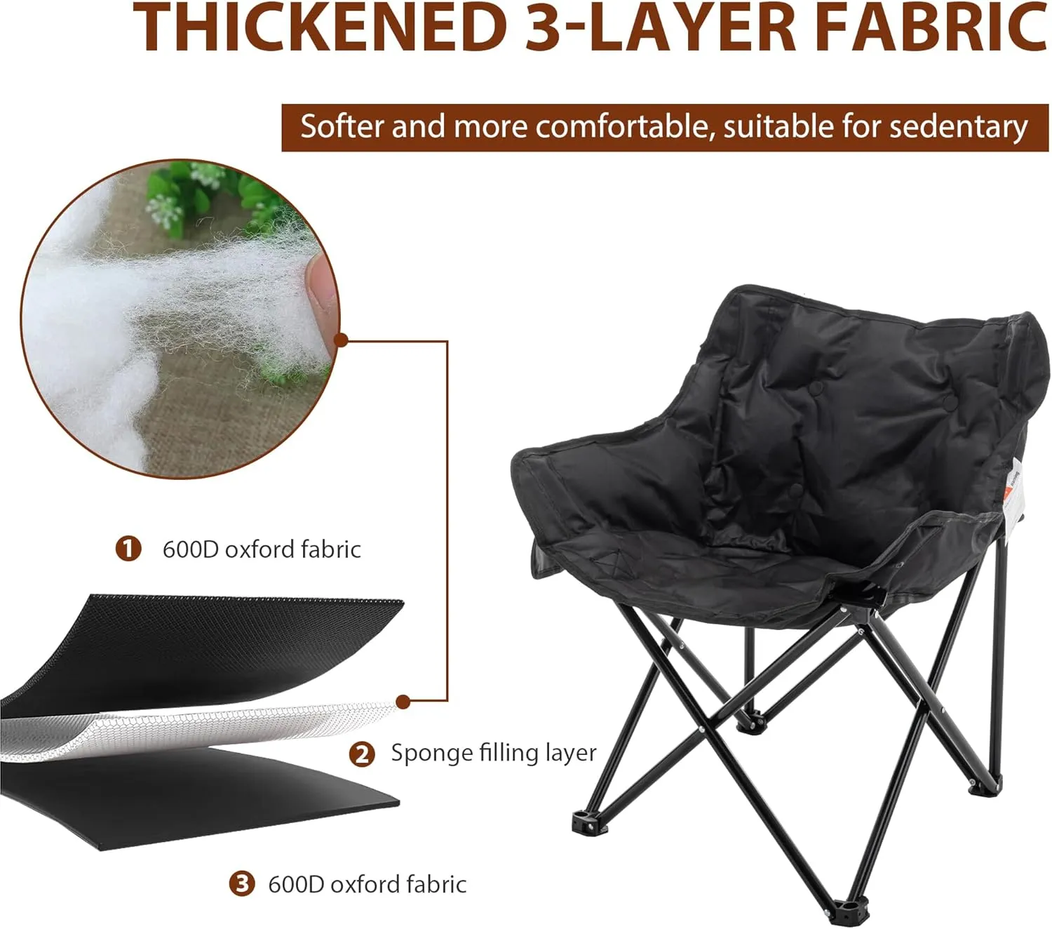Andeworld Camping Chairs, Padded Moon Chair for Adults, Folding Camp Lawn Chairs with Storage Bag Carry Bag,Support up to 330lbs for Fishing,Camp,Picnics,Beach,Lawn,Black