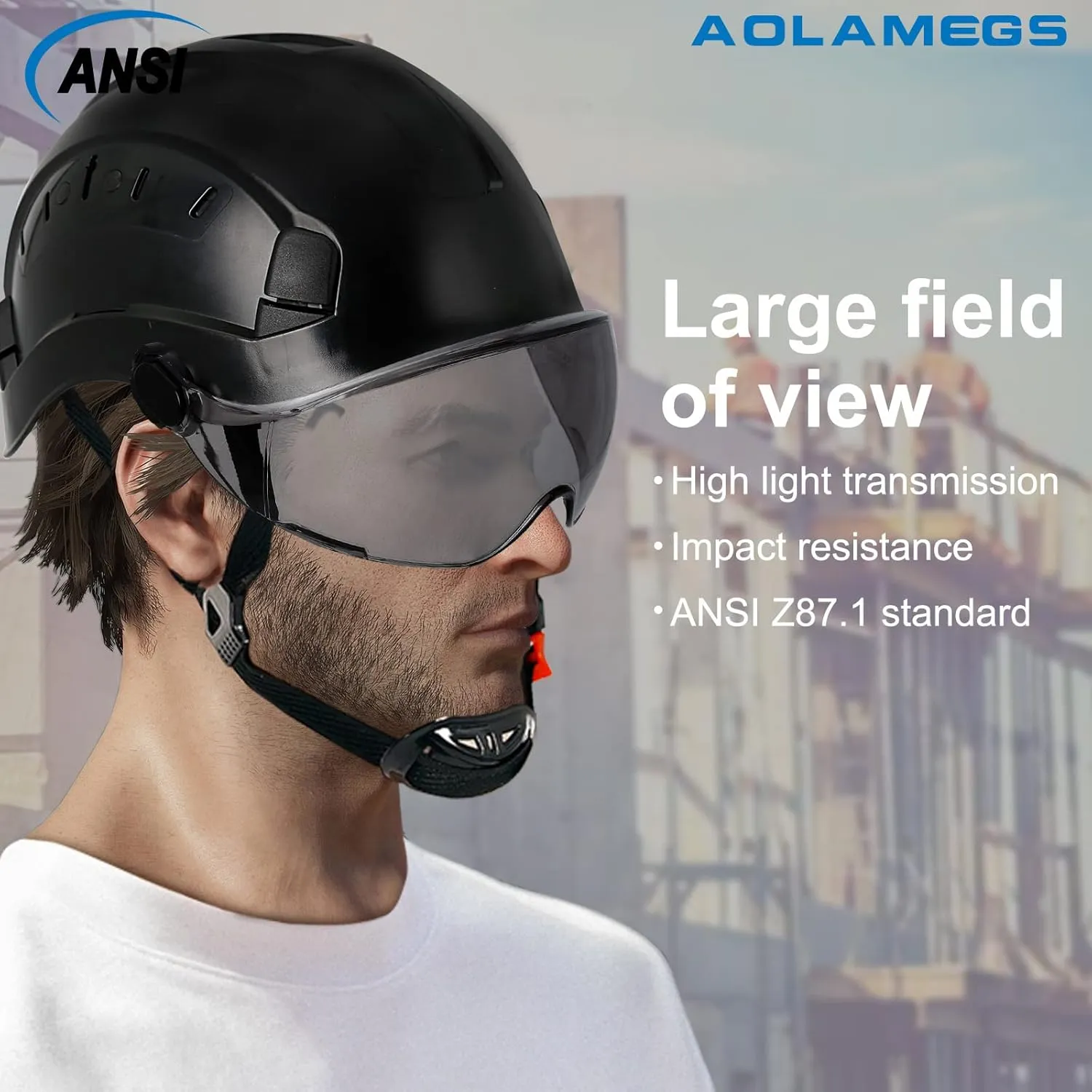 Aolamegs Construction Hard Hats for Adults - Hard Hats Construction OSHA Approved with Smoke Visor for Men Women, ANSI Z89.1 Vented Safety Helmet, Hard Hat with Chin Strap,6 Point Suspension （Black