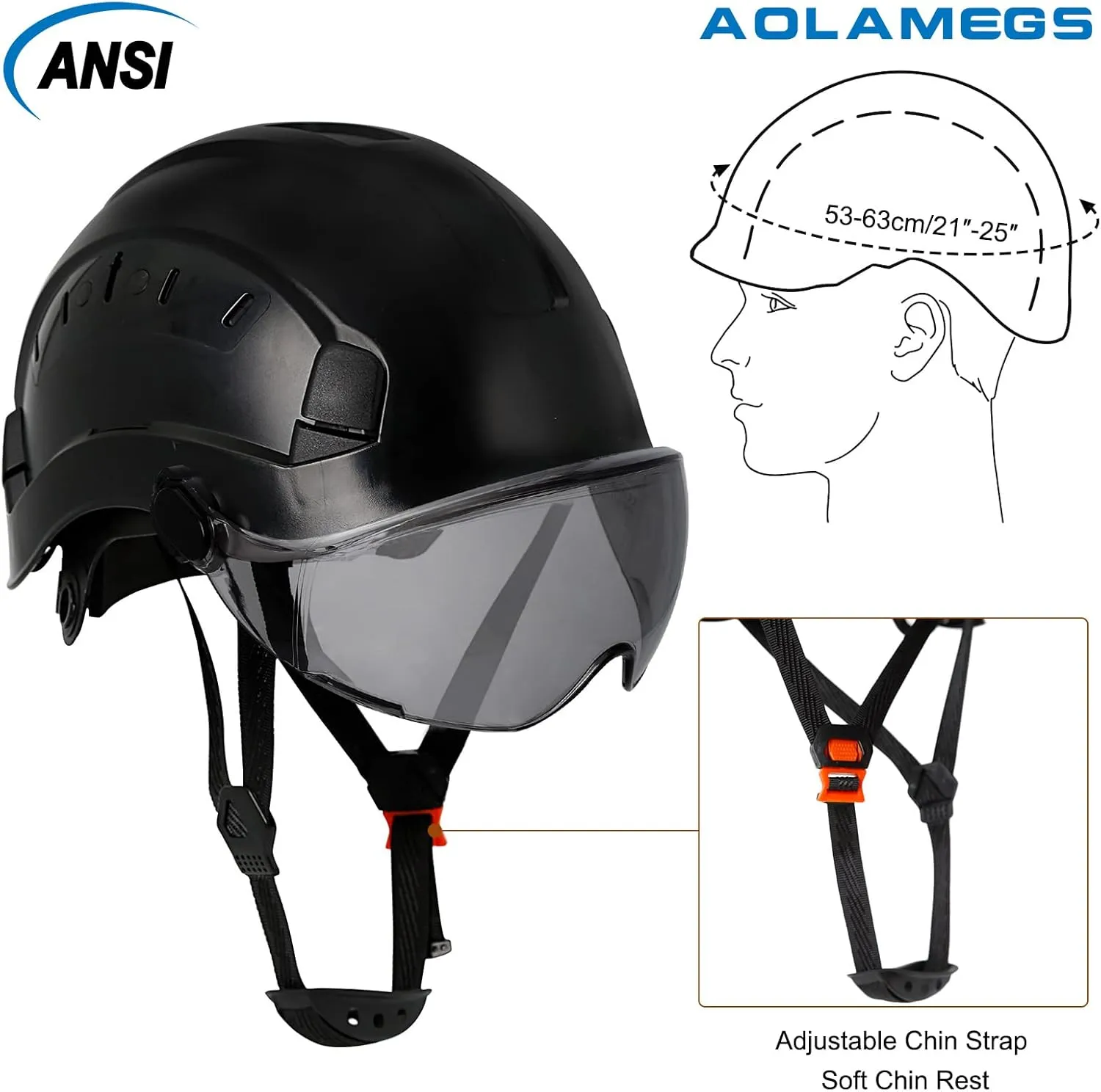 Aolamegs Construction Hard Hats for Adults - Hard Hats Construction OSHA Approved with Smoke Visor for Men Women, ANSI Z89.1 Vented Safety Helmet, Hard Hat with Chin Strap,6 Point Suspension （Black