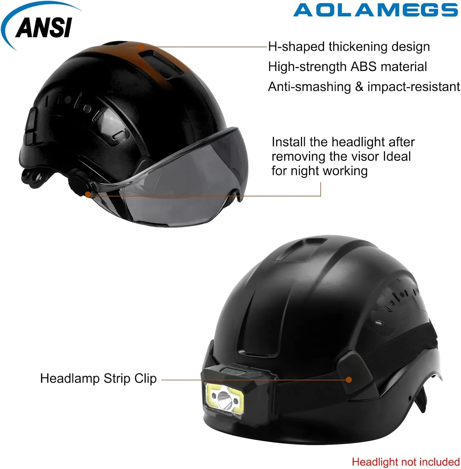 Aolamegs Construction Hard Hats for Adults - Hard Hats Construction OSHA Approved with Smoke Visor for Men Women, ANSI Z89.1 Vented Safety Helmet, Hard Hat with Chin Strap,6 Point Suspension （Black