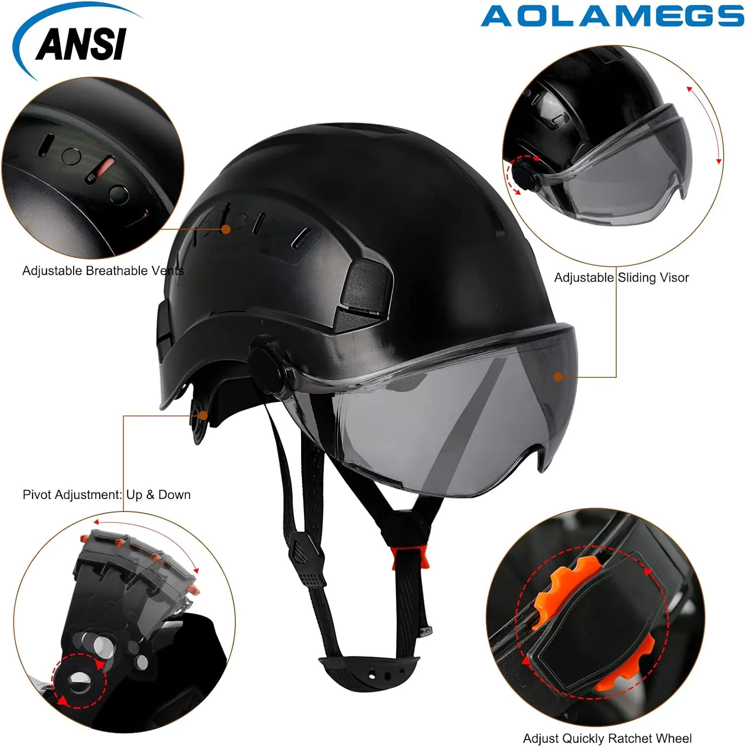 Aolamegs Construction Hard Hats for Adults - Hard Hats Construction OSHA Approved with Smoke Visor for Men Women, ANSI Z89.1 Vented Safety Helmet, Hard Hat with Chin Strap,6 Point Suspension （Black
