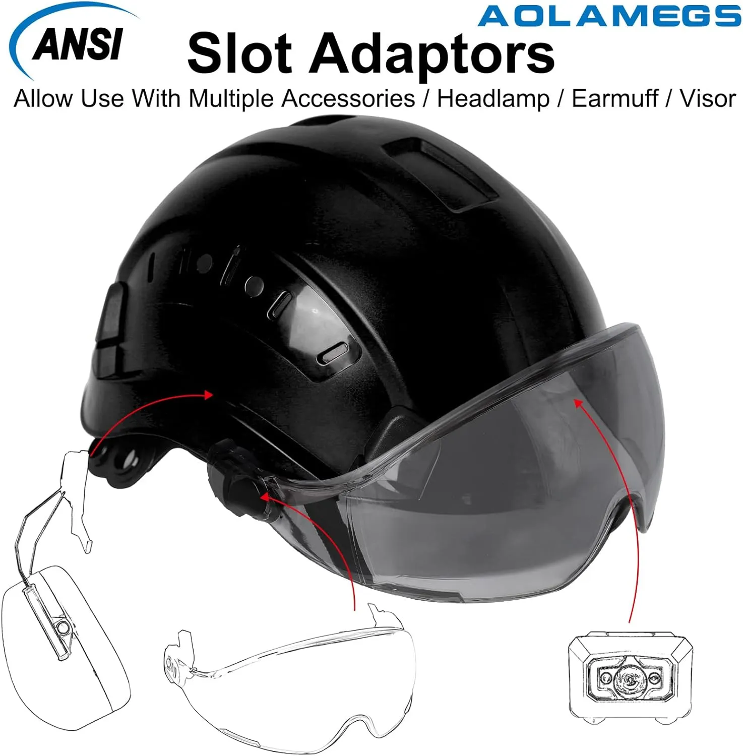 Aolamegs Construction Hard Hats for Adults - Hard Hats Construction OSHA Approved with Smoke Visor for Men Women, ANSI Z89.1 Vented Safety Helmet, Hard Hat with Chin Strap,6 Point Suspension （Black