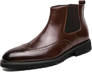 AUNTHUI Men'S Brogue Oxford Boots,Slip-On Handmade Wingtip Fashion Round-Toe High-Top Chelsea Boots,Comfortable Stretch Casual Office Business Dress Ankle Boots