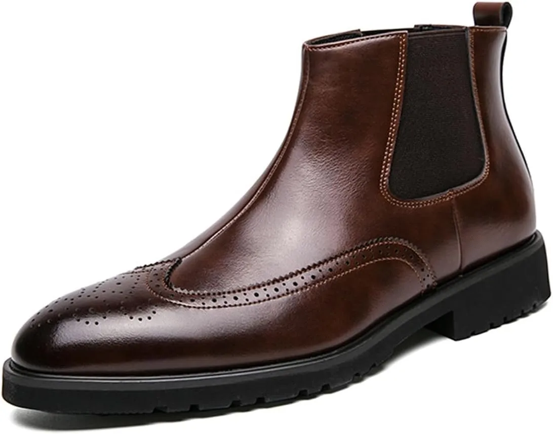AUNTHUI Men'S Brogue Oxford Boots,Slip-On Handmade Wingtip Fashion Round-Toe High-Top Chelsea Boots,Comfortable Stretch Casual Office Business Dress Ankle Boots