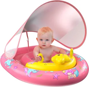 Baby Pool Float with Canopy UPF50  Sun Protection, Inflatable Kids Pool Floats Infant Swimming Float with Toy Play Console Adjustable Safety Seat for Kids Girls Boys Aged 6-36 Months