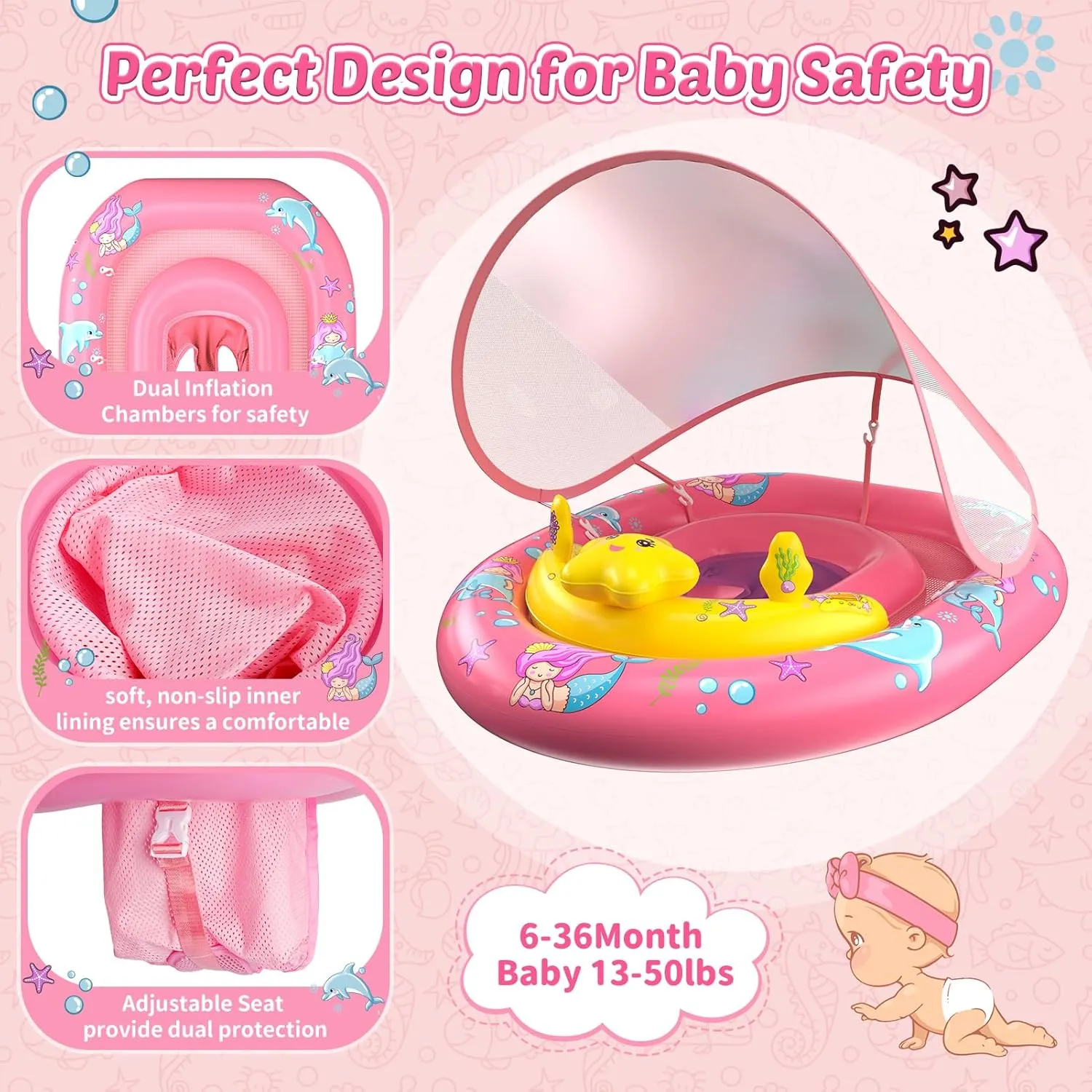Baby Pool Float with Canopy UPF50  Sun Protection, Inflatable Kids Pool Floats Infant Swimming Float with Toy Play Console Adjustable Safety Seat for Kids Girls Boys Aged 6-36 Months