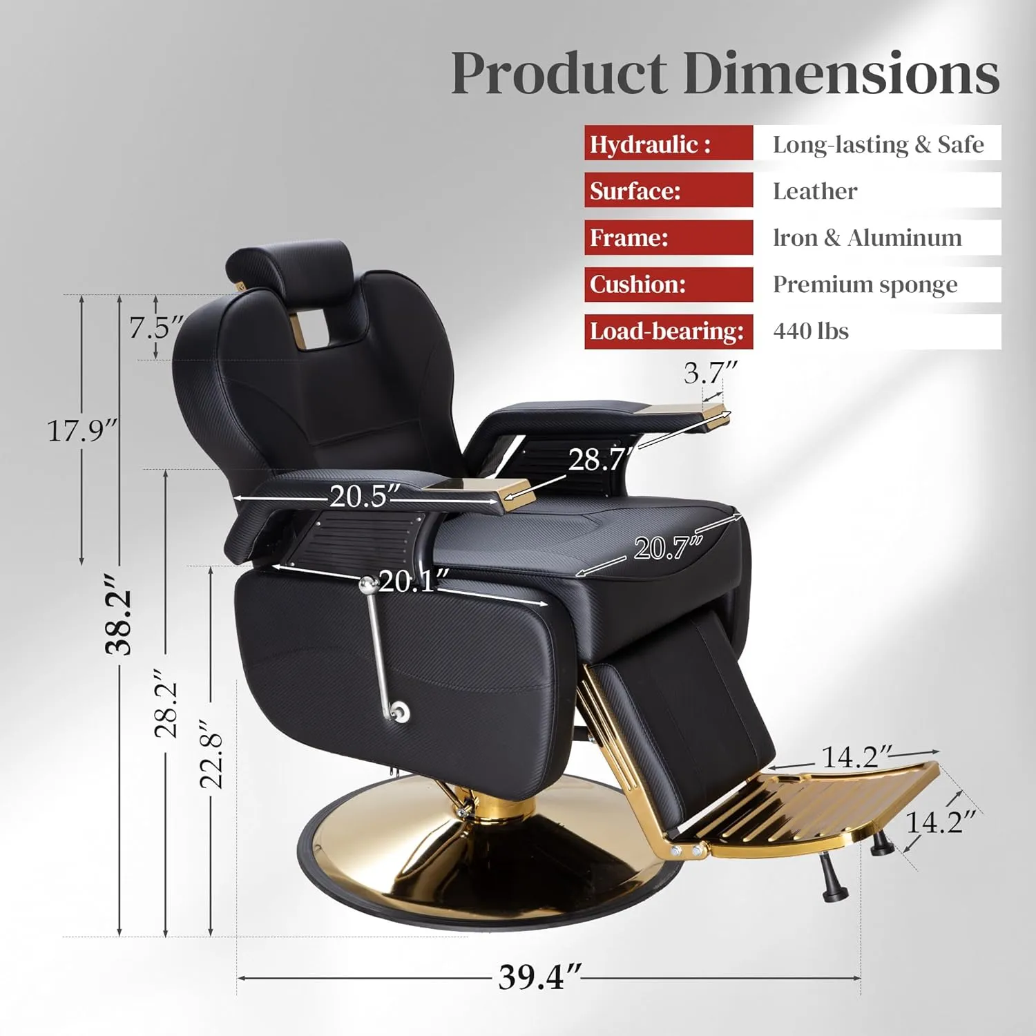 Barber Chairs for Barbershop, Heavy Duty Hydraulic Barber Chair 360° Swivel Reclining, Adjustable PU Leather Beauty Salon Chair for Barbershop Spa Black/Gold