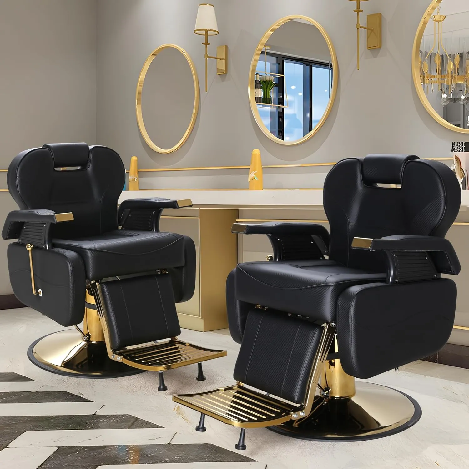 Barber Chairs for Barbershop, Heavy Duty Hydraulic Barber Chair 360° Swivel Reclining, Adjustable PU Leather Beauty Salon Chair for Barbershop Spa Black/Gold