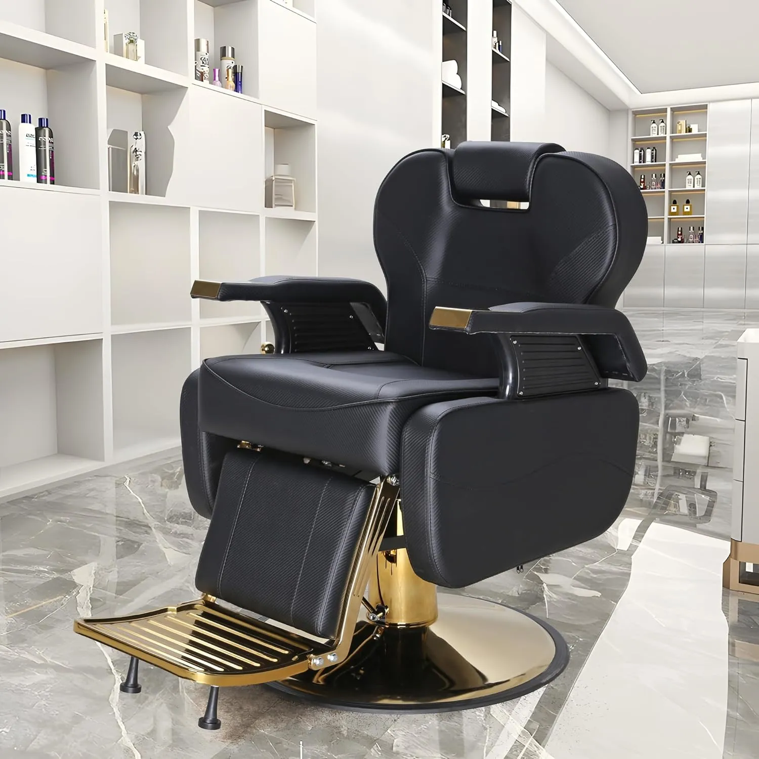 Barber Chairs for Barbershop, Heavy Duty Hydraulic Barber Chair 360° Swivel Reclining, Adjustable PU Leather Beauty Salon Chair for Barbershop Spa Black/Gold