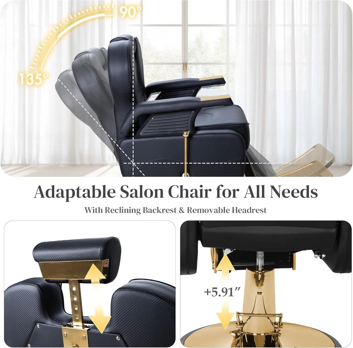 Barber Chairs for Barbershop, Heavy Duty Hydraulic Barber Chair 360° Swivel Reclining, Adjustable PU Leather Beauty Salon Chair for Barbershop Spa Black/Gold