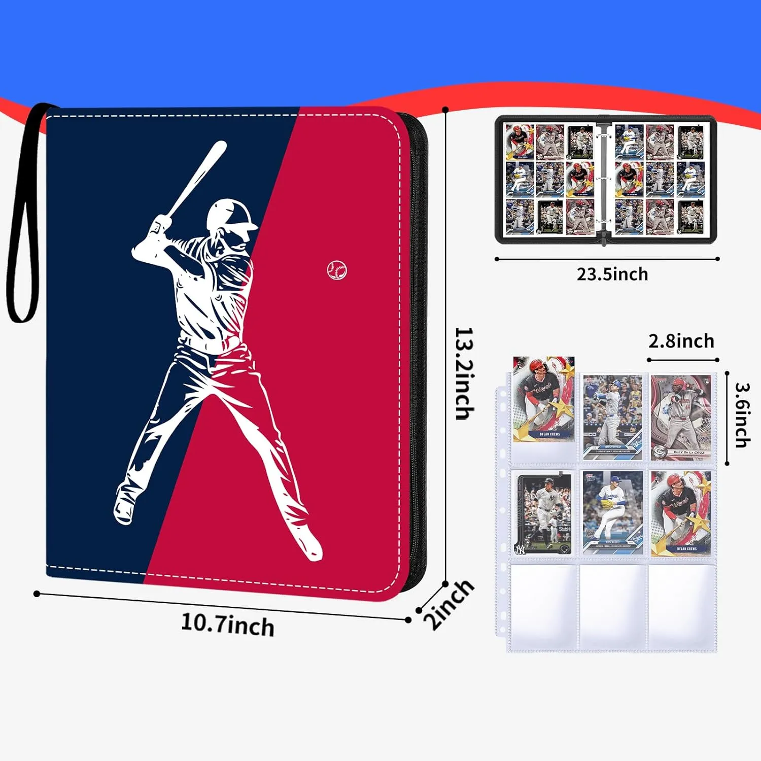 Baseball Card Binder 900 Pockets, 50 Sleeves Trading Card Holder Album, 3-Ring Zippered Sports Card Organizer Display Storage Protectors, Gift for Baseball Card Collectors