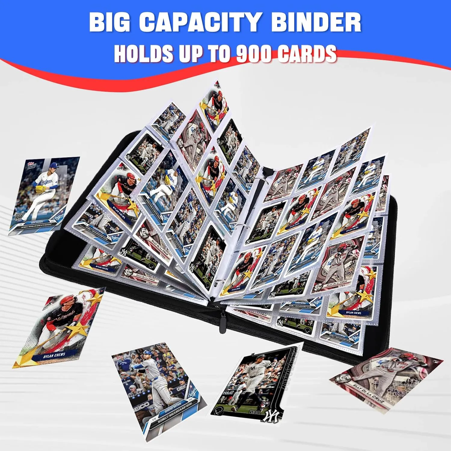 Baseball Card Binder 900 Pockets, 50 Sleeves Trading Card Holder Album, 3-Ring Zippered Sports Card Organizer Display Storage Protectors, Gift for Baseball Card Collectors