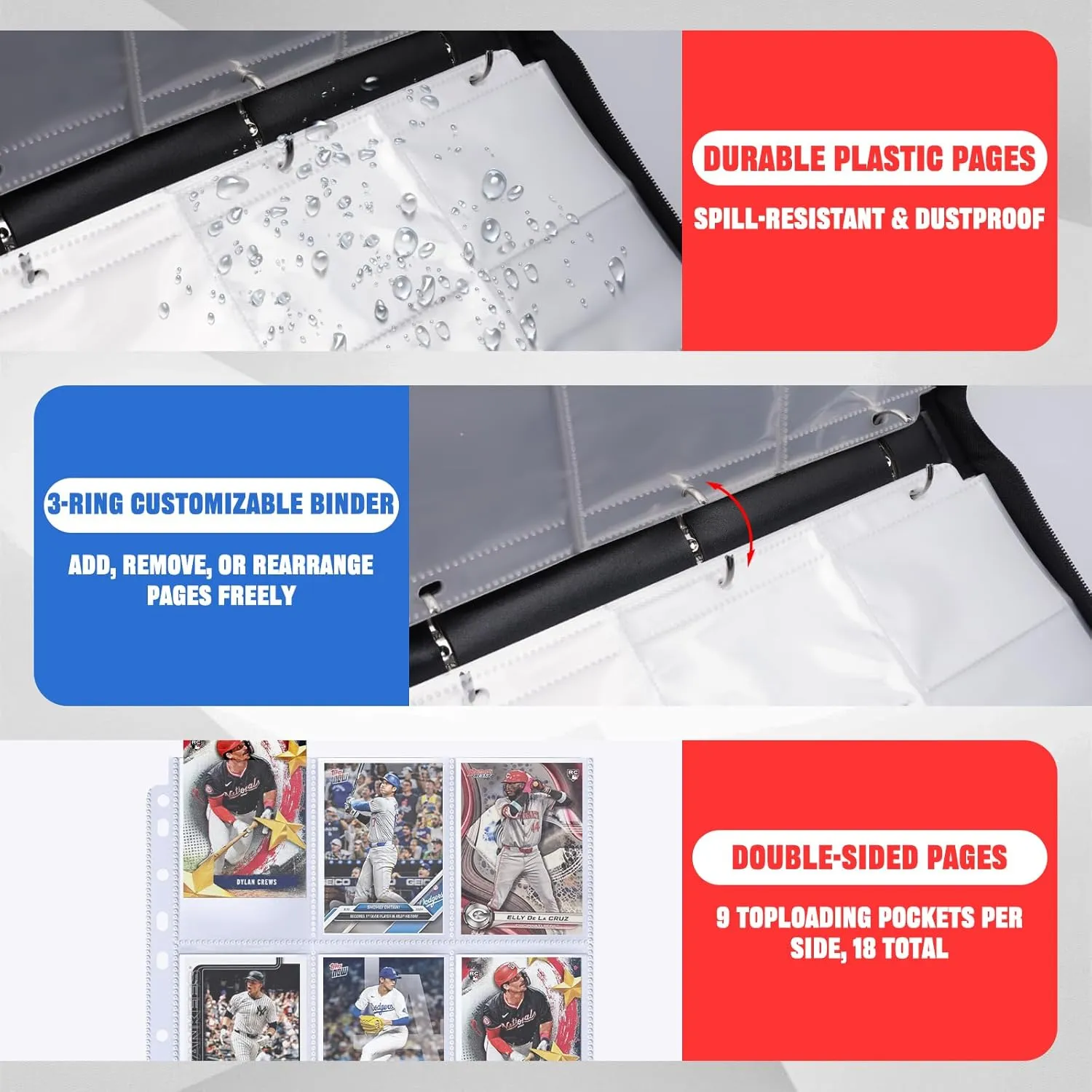 Baseball Card Binder 900 Pockets, 50 Sleeves Trading Card Holder Album, 3-Ring Zippered Sports Card Organizer Display Storage Protectors, Gift for Baseball Card Collectors