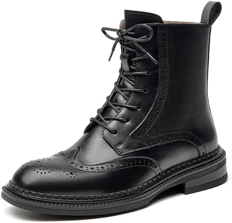 BEAU TODAY Combat Boots Womens Fall Shoes Winter Leather Ankle Boots for Women Oxfords Dressy Lace Up Wingtip Brogue Short Booties