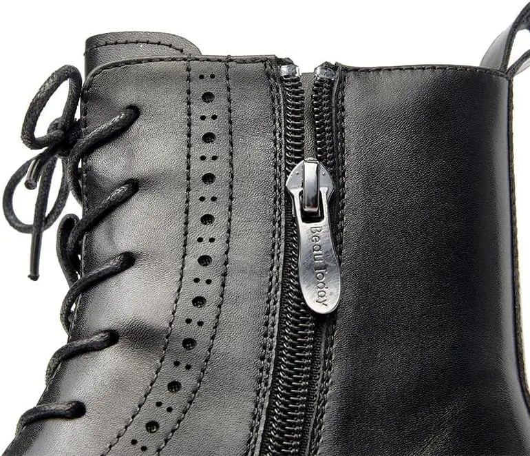 BEAU TODAY Combat Boots Womens Fall Shoes Winter Leather Ankle Boots for Women Oxfords Dressy Lace Up Wingtip Brogue Short Booties