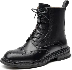BEAU TODAY Combat Boots Womens Fall Shoes Winter Leather Ankle Boots for Women Oxfords Dressy Lace Up Wingtip Brogue Short Booties