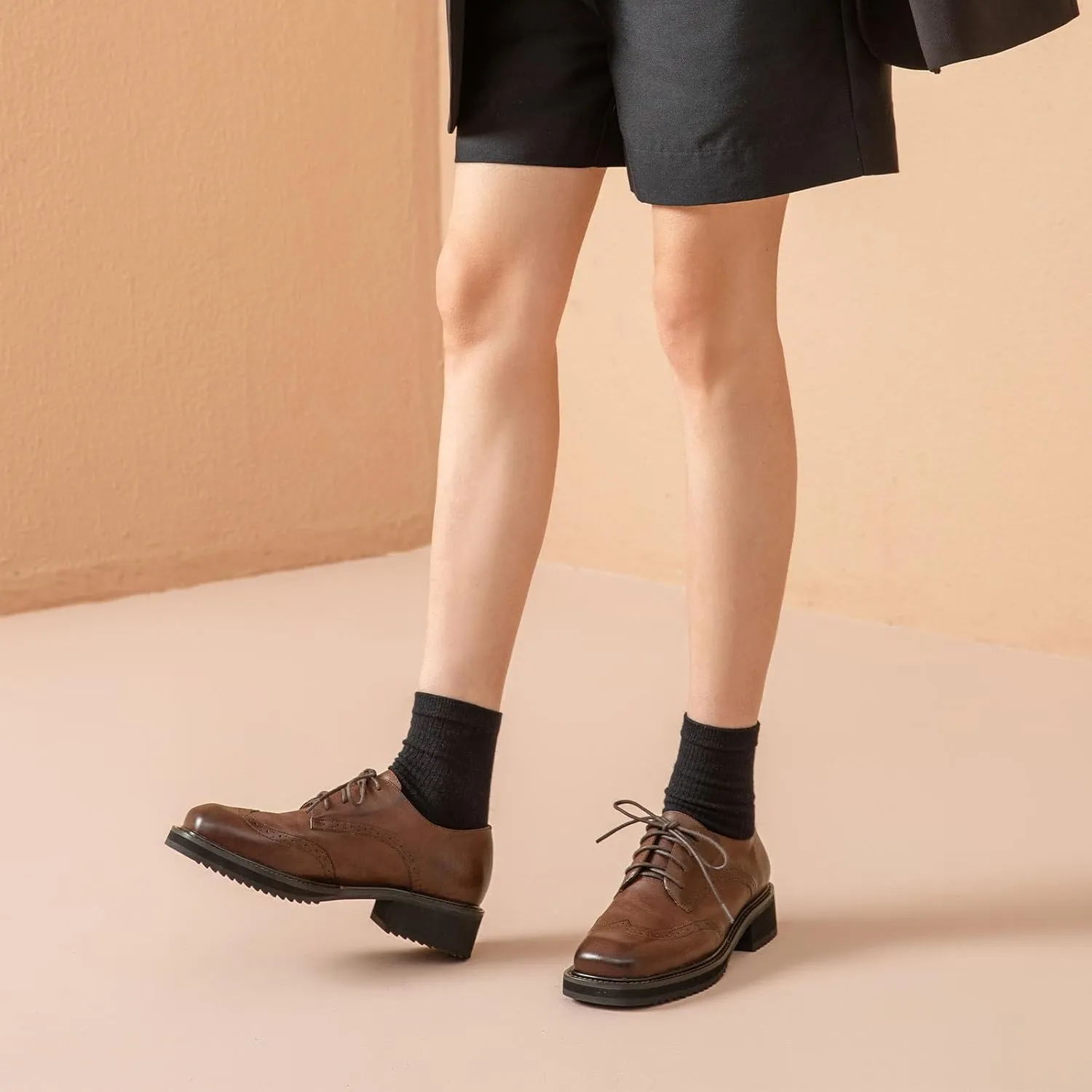 BEAU TODAY Oxford Shoes for Women,Leather Brogue Dress Shoes,Comfort Brethable Ladies Lace-up Handmade Wingtip Shoes for Business Work