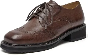 BEAU TODAY Oxford Shoes for Women,Leather Brogue Dress Shoes,Comfort Brethable Ladies Lace-up Handmade Wingtip Shoes for Business Work