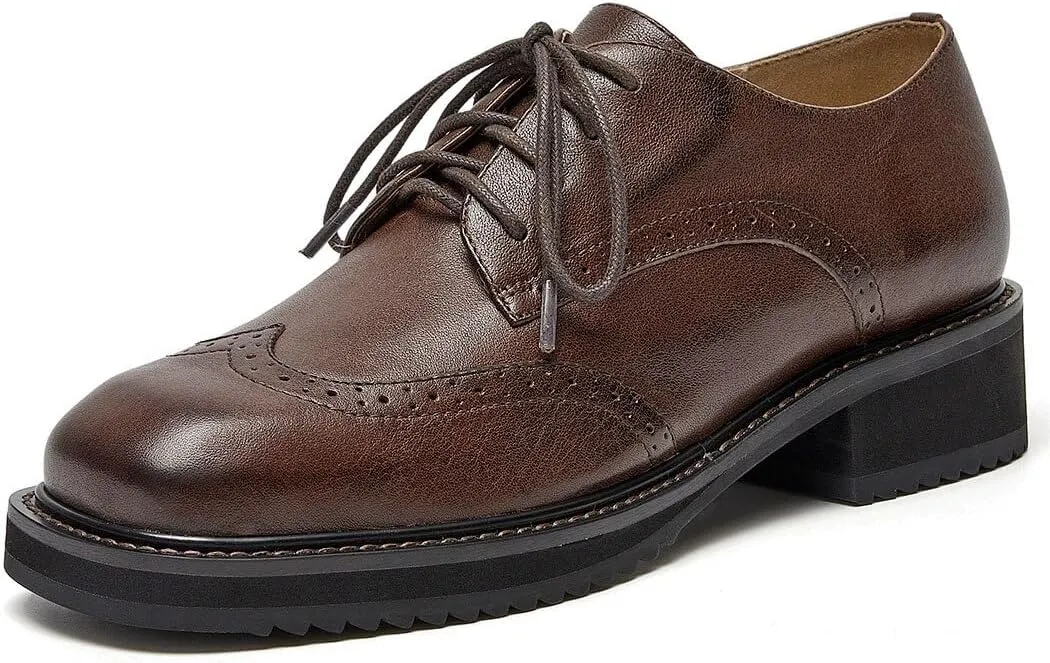 BEAU TODAY Oxford Shoes for Women,Leather Brogue Dress Shoes,Comfort Brethable Ladies Lace-up Handmade Wingtip Shoes for Business Work