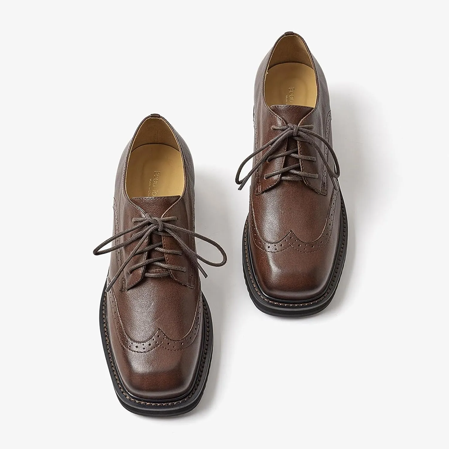 BEAU TODAY Oxford Shoes for Women,Leather Brogue Dress Shoes,Comfort Brethable Ladies Lace-up Handmade Wingtip Shoes for Business Work