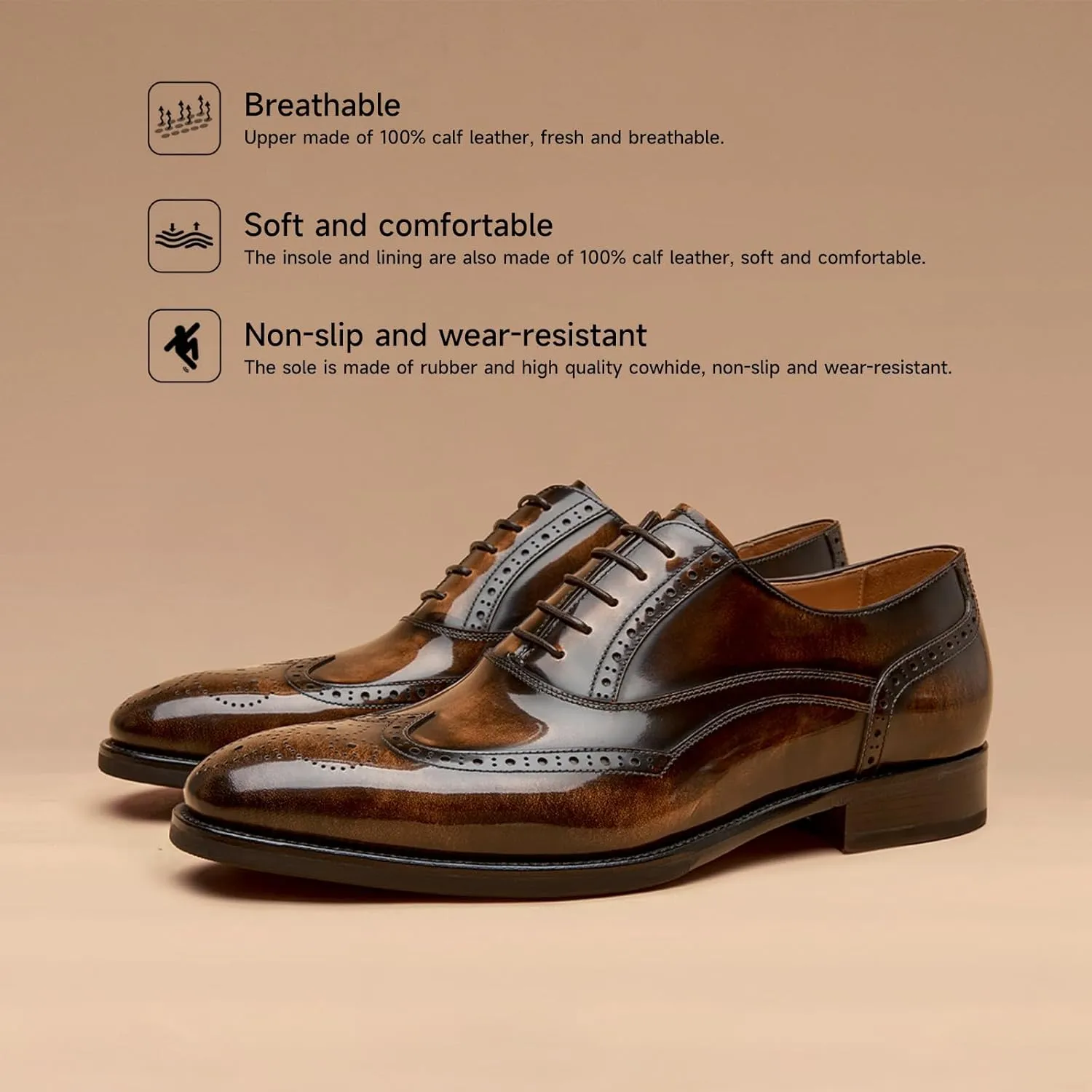 BEAU TODAY Oxfords Dress Shoes for Men Genuine Leather Brogue Oxford Shoes Lace Up Wedding Dress Shoes Mens Formal Business Mens Wingtip Shoes