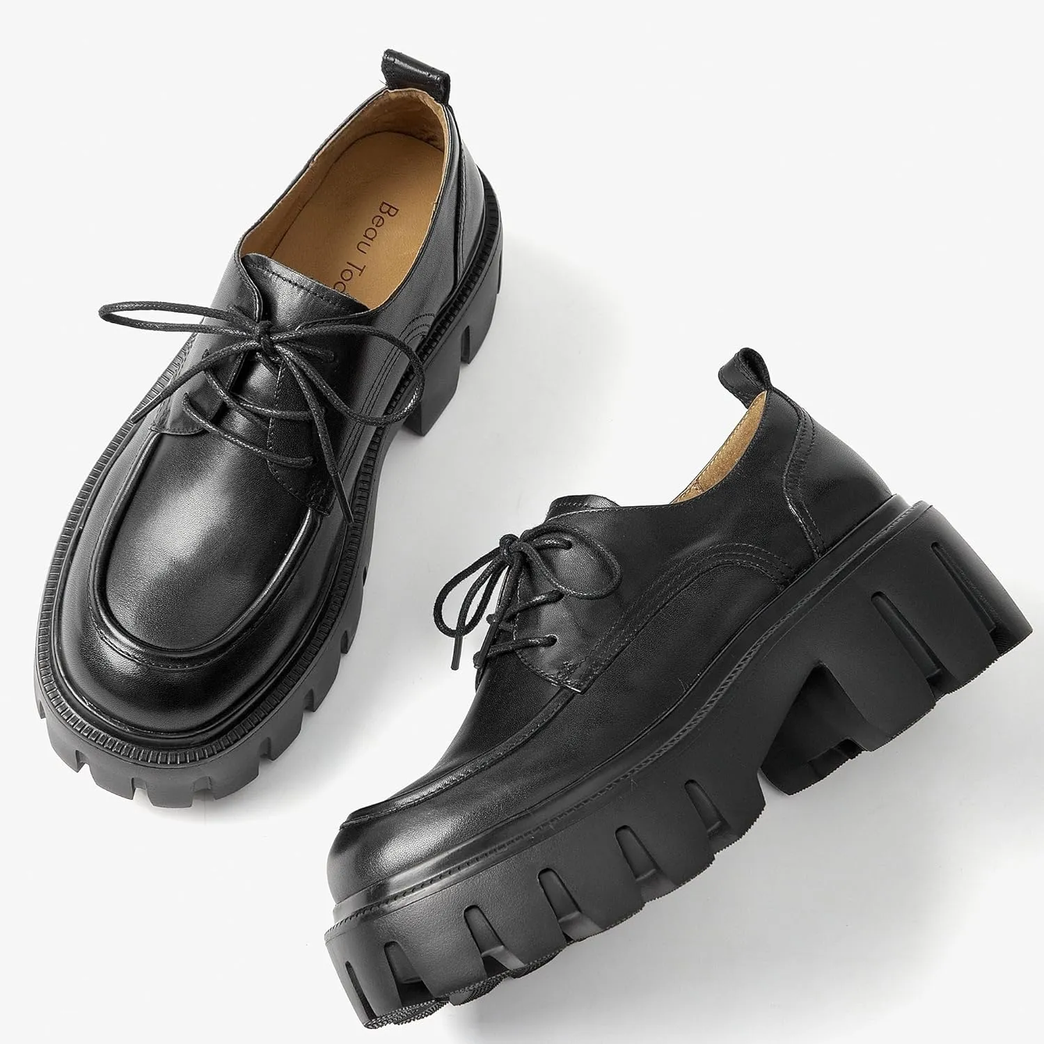 BEAU TODAY Platform Oxfords for Women, Oxford Shoes for Women, Chunky Leather Lace Up Oxford Shoes, Casual Comfort Business Work Office Dress Shoes
