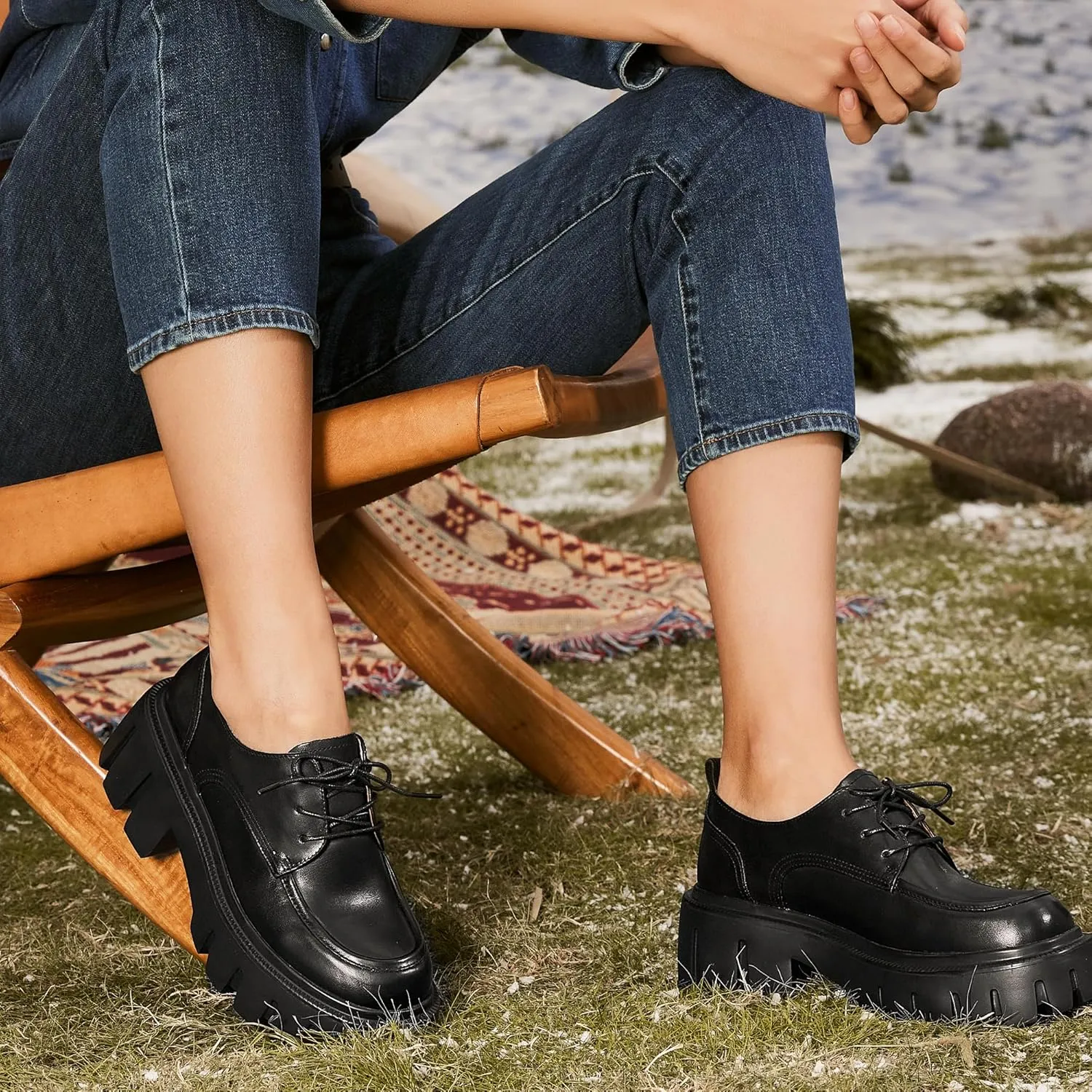 BEAU TODAY Platform Oxfords for Women, Oxford Shoes for Women, Chunky Leather Lace Up Oxford Shoes, Casual Comfort Business Work Office Dress Shoes
