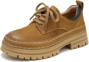 BEAU TODAY Womens Chunky Oxfords, Platform Oxfords for Women, Leather Oxford Shoes for Women, Casual Comfortable Working Hiking Shoes