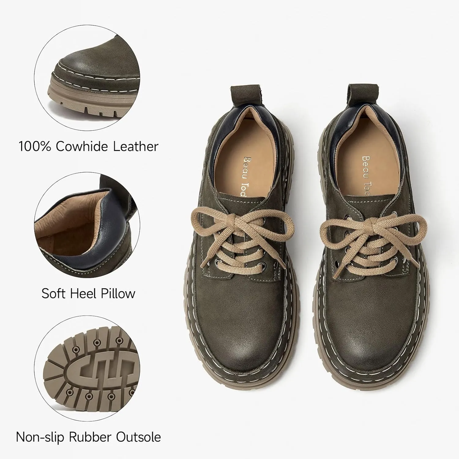 BEAU TODAY Womens Chunky Oxfords, Platform Oxfords for Women, Leather Oxford Shoes for Women, Casual Comfortable Working Hiking Shoes