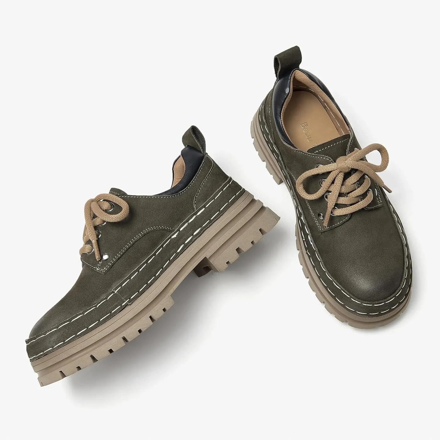 BEAU TODAY Womens Chunky Oxfords, Platform Oxfords for Women, Leather Oxford Shoes for Women, Casual Comfortable Working Hiking Shoes
